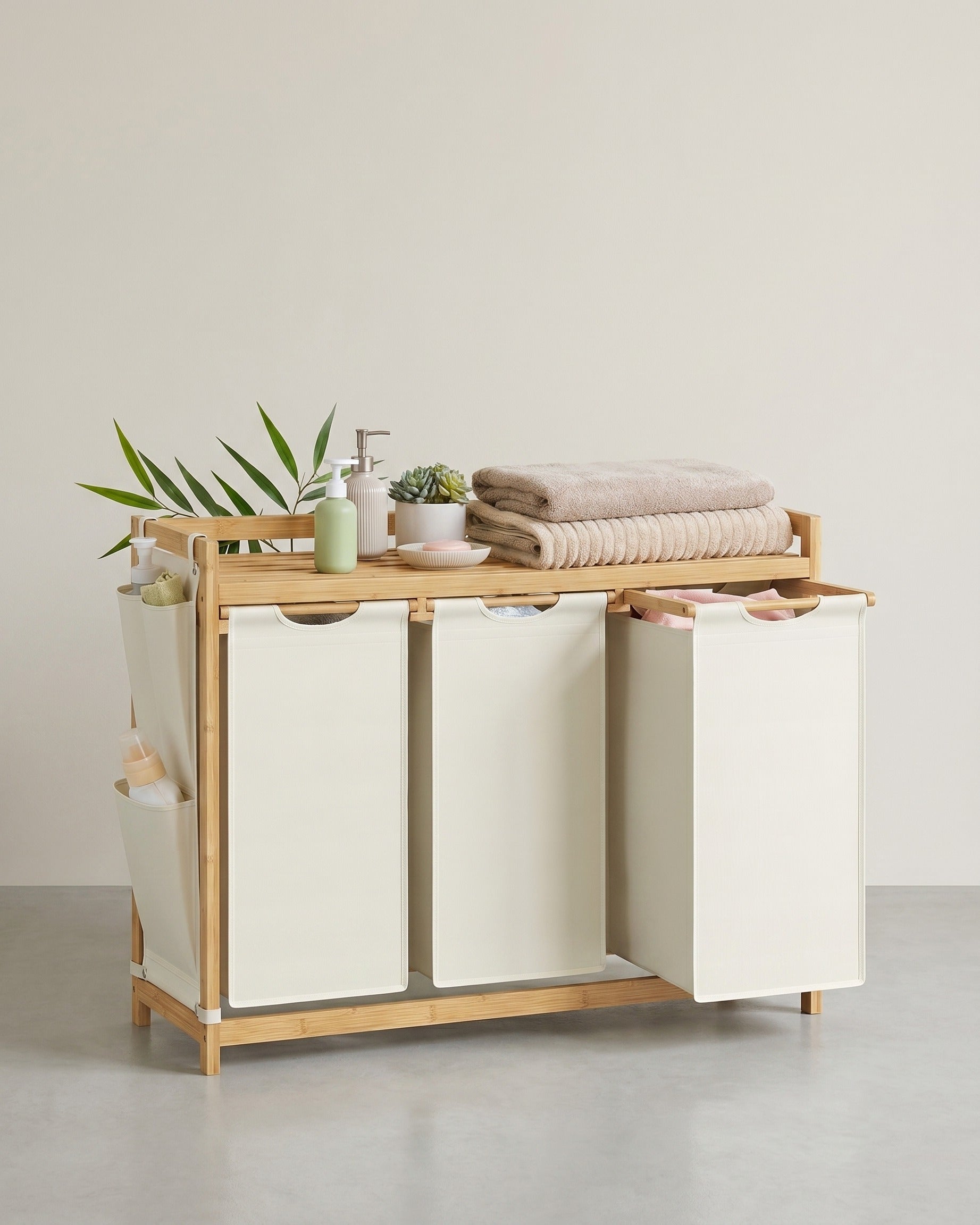 Bambus-Wäschekorb mit 3 Fächern - 150 Liter – Beige