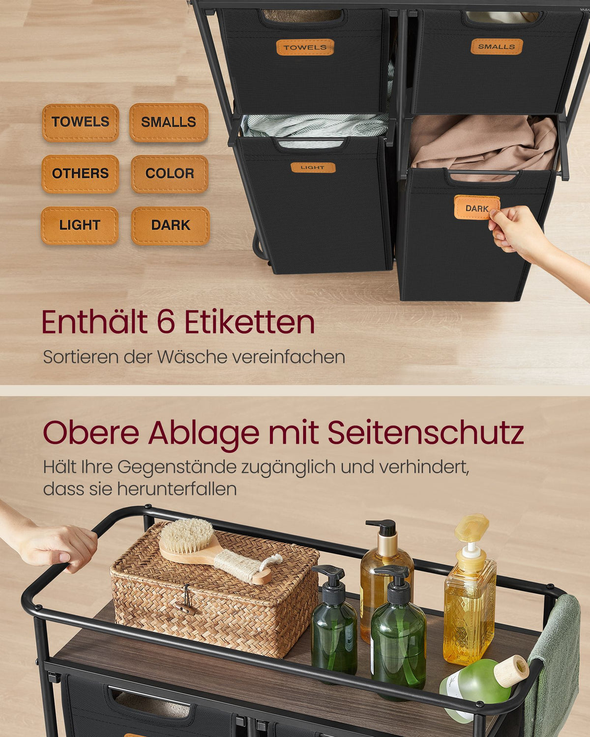 Wäschesortierer mit 4 Körben und Rollen – Wäschewagen mit Etiketten und oberer Ablage – 150 Liter – 72 cm breit – Bis zu 39 kg Tragkraft