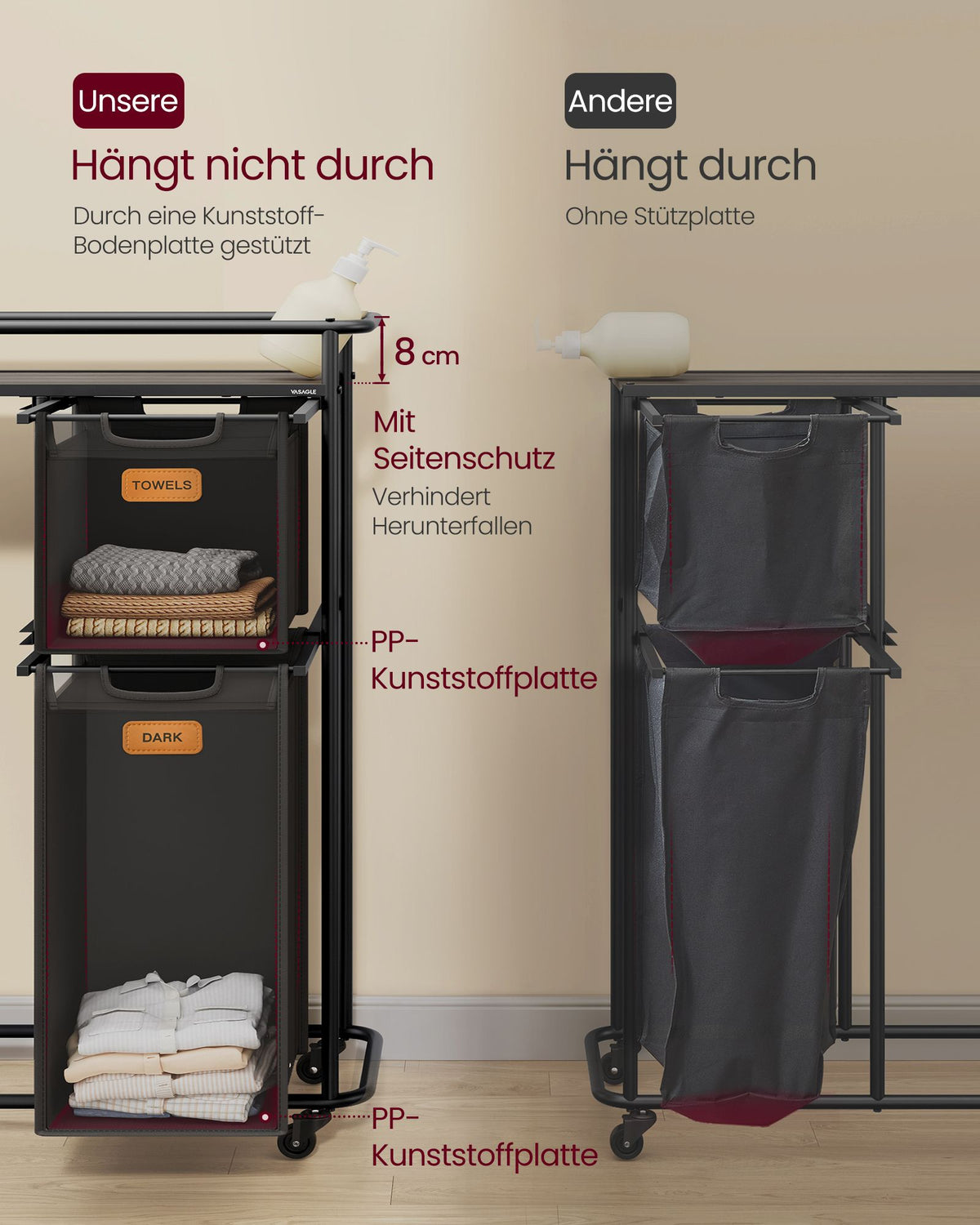 Wäschesortierer mit 4 Körben und Rollen – Wäschewagen mit Etiketten und oberer Ablage – 150 Liter – 72 cm breit – Bis zu 39 kg Tragkraft