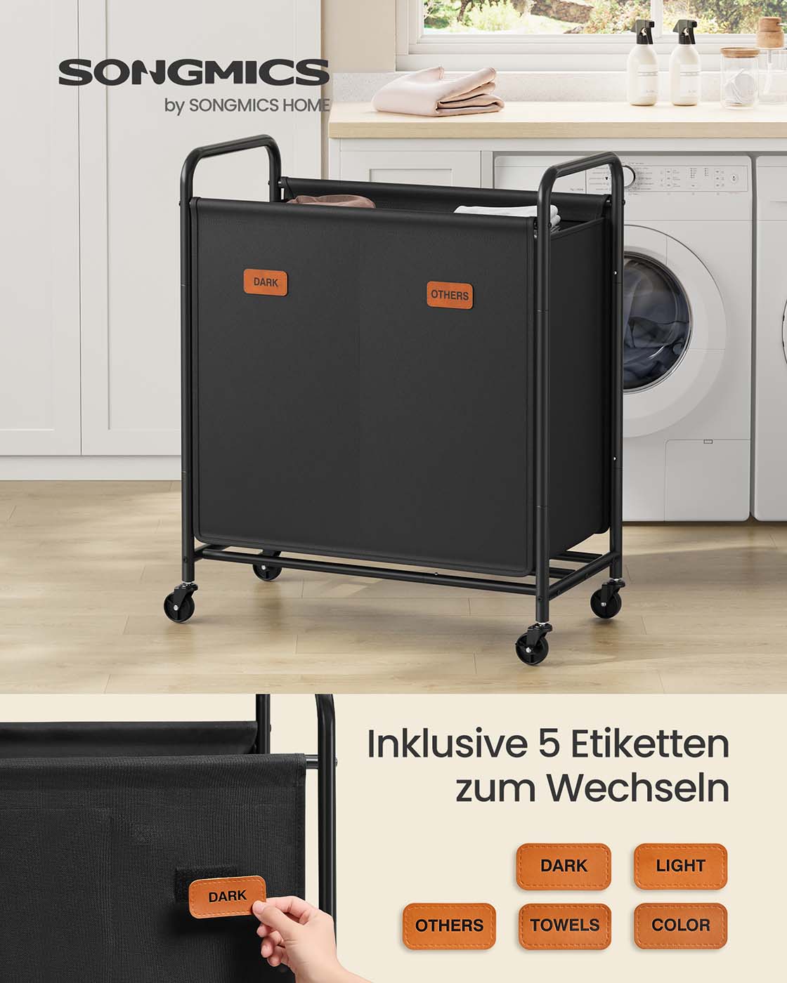 Wäschesortierer auf Rädern – 2 Fächer – Mit Griffen, Etiketten und Deckel – 140/170/200 Liter