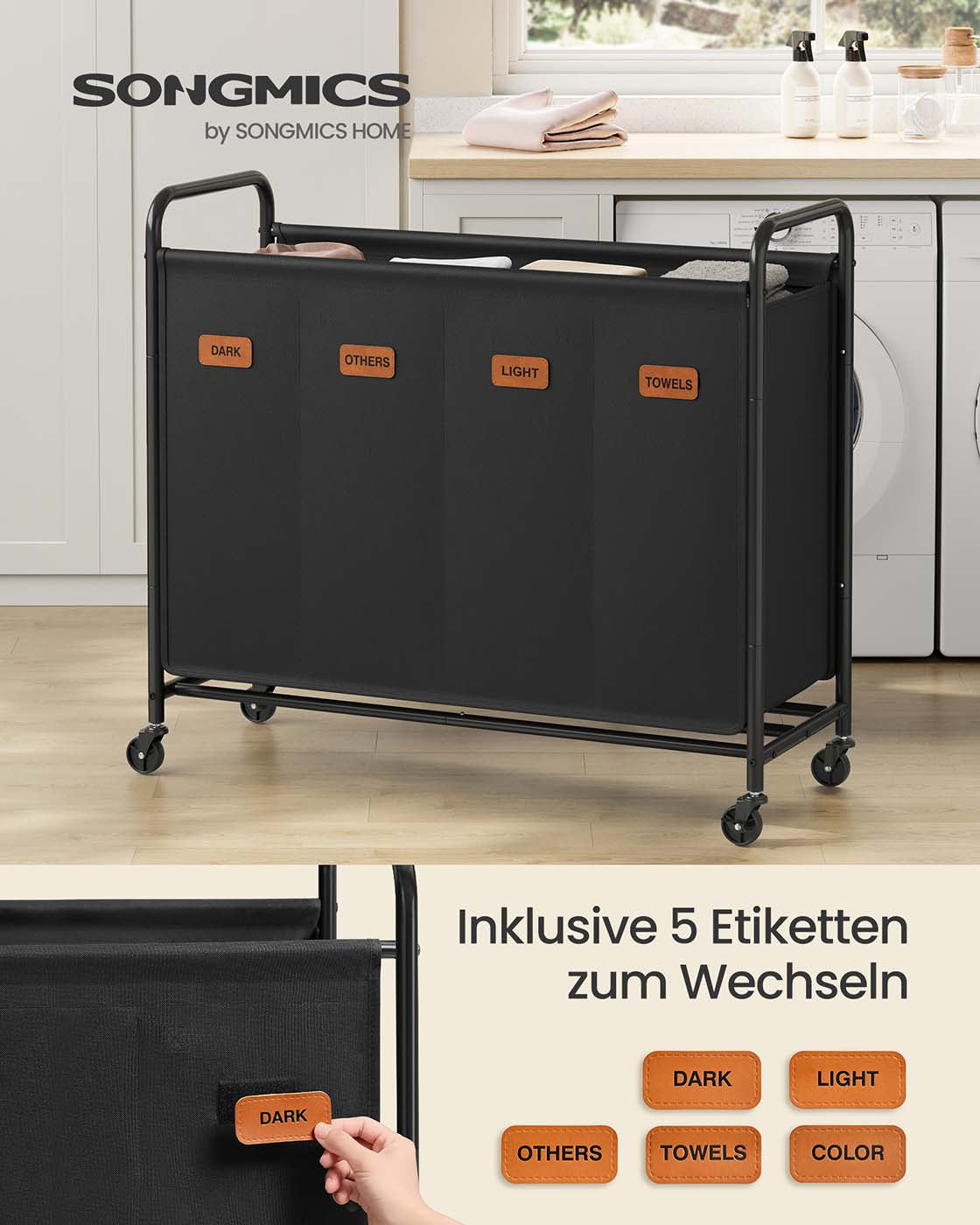 Wäschesortierer auf Rädern – 2 Fächer – Mit Griffen, Etiketten und Deckel – 140/170/200 Liter