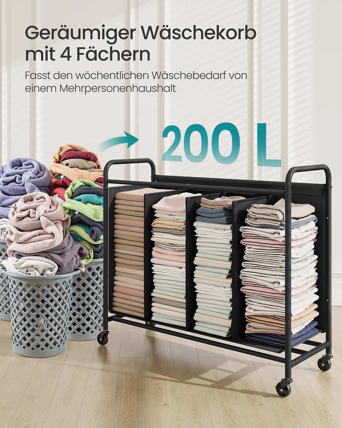 Wäschesortierer auf Rädern – 2 Fächer – Mit Griffen, Etiketten und Deckel – 140/170/200 Liter