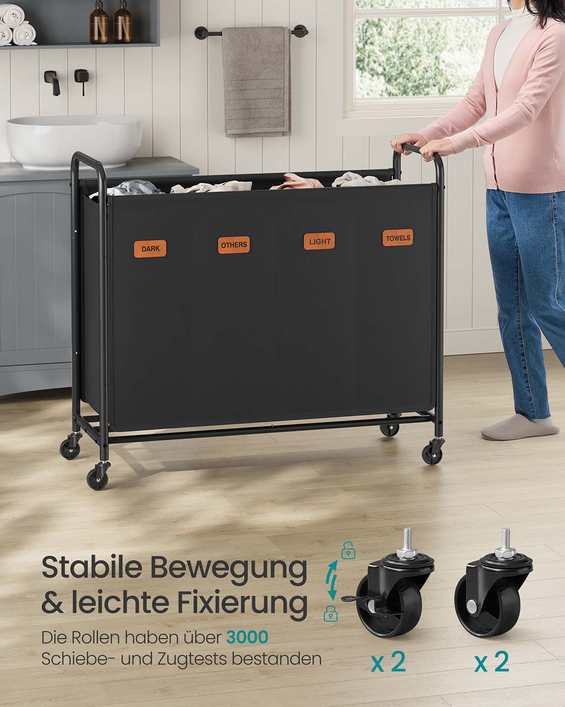 Wäschesortierer auf Rädern – 2 Fächer – Mit Griffen, Etiketten und Deckel – 140/170/200 Liter