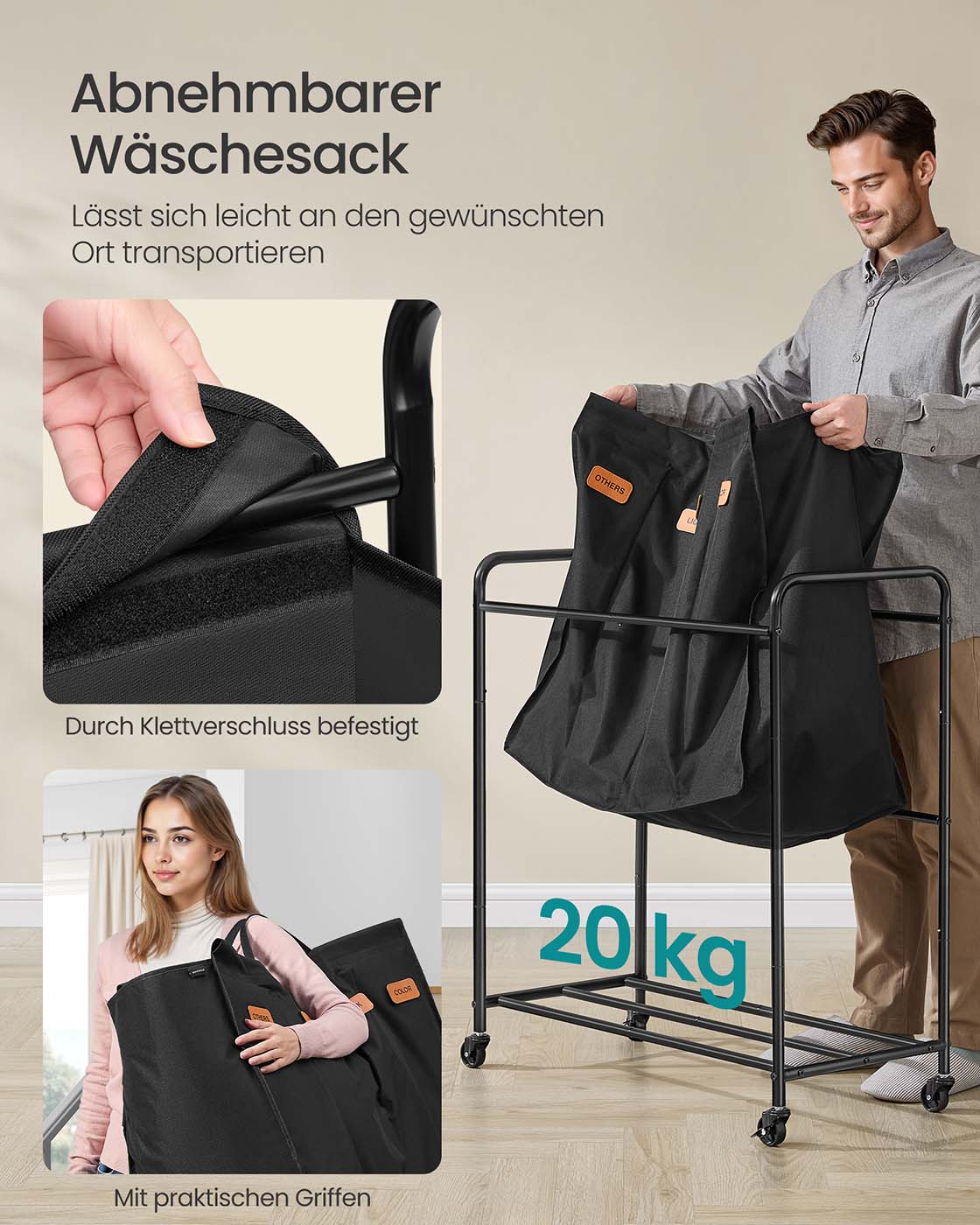 Wäschesortierer auf Rädern – 2 Fächer – Mit Griffen, Etiketten und Deckel – 140/170/200 Liter