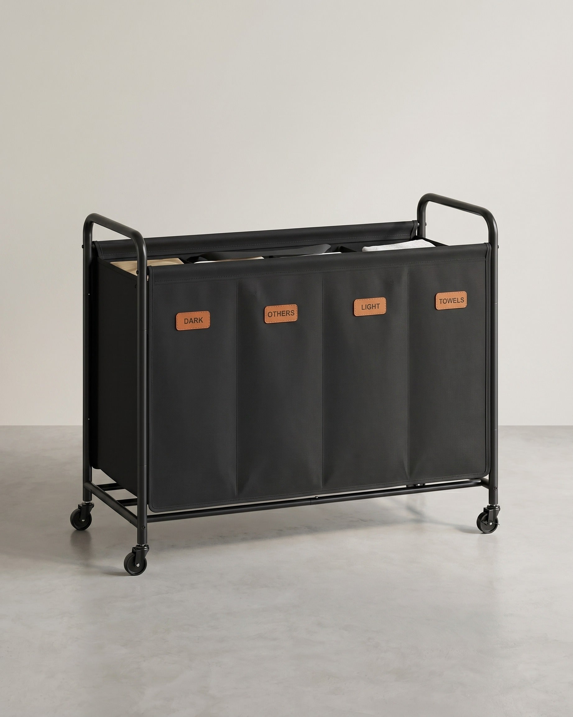 Wäschesortierer auf Rädern – 2 Fächer – Mit Griffen, Etiketten und Deckel – 140/170/200 Liter – Schwarz