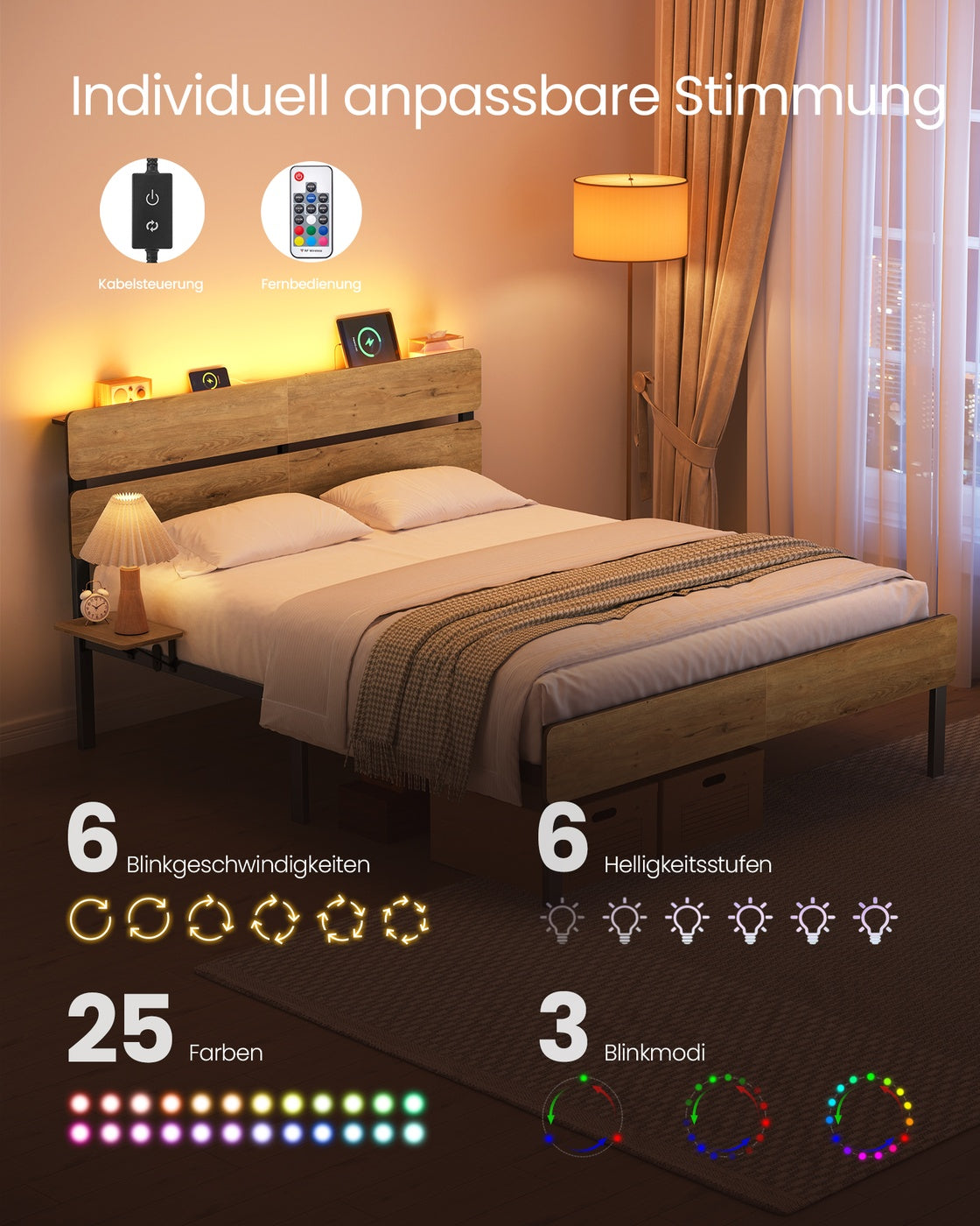 Metallbettgestell mit LED-Beleuchtung und Ladestation – Industriedesign – USB-A und USB-C – mit Stauraum unter dem Bett