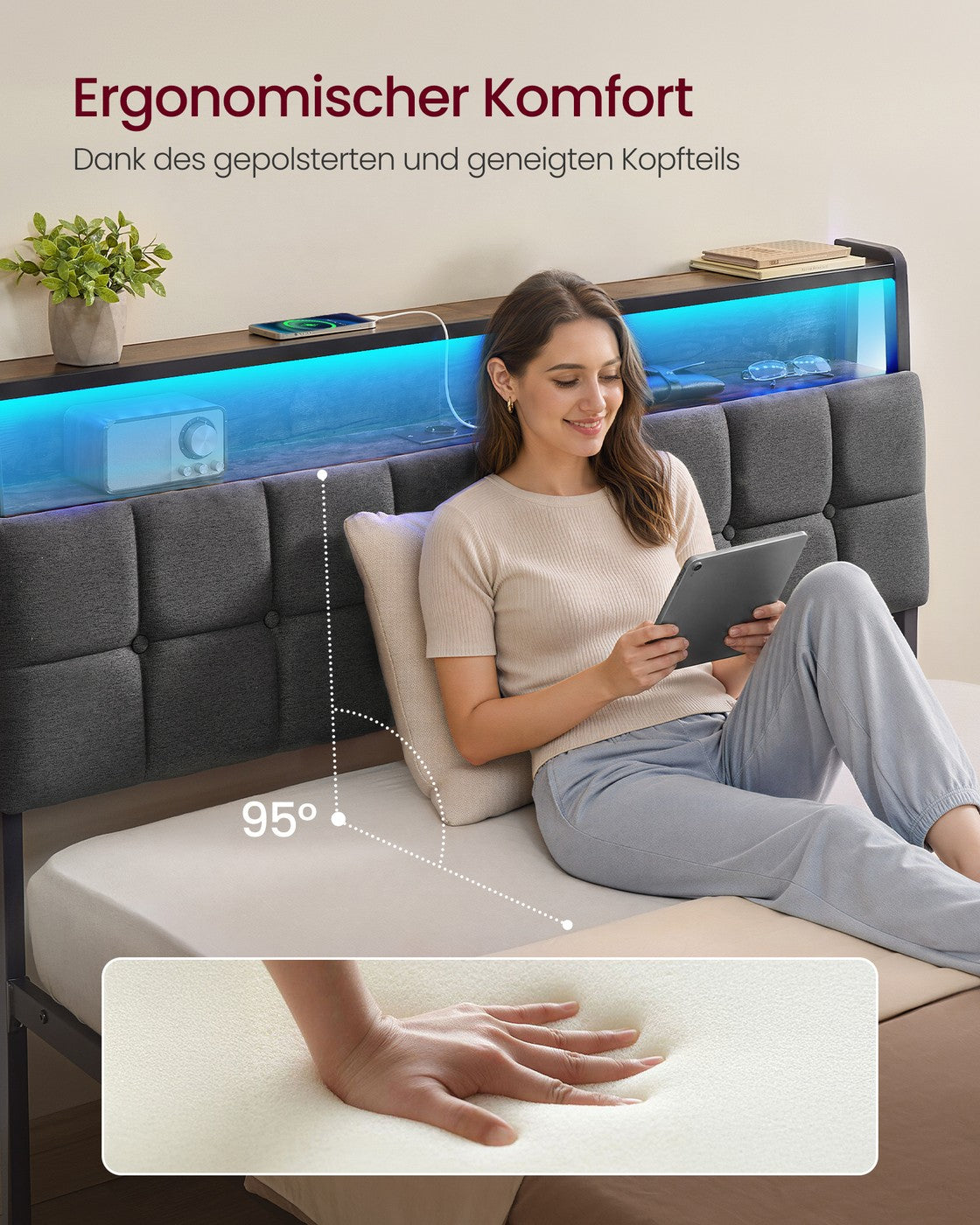 Metallbettrahmen mit Gepolstertem Kopfteil - LED-Beleuchtung und Ladestation - Mit Stauraum