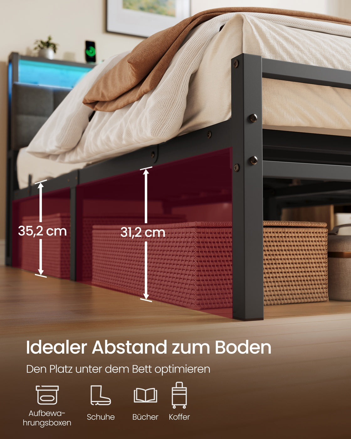 Metallbettrahmen mit Gepolstertem Kopfteil - LED-Beleuchtung und Ladestation - Mit Stauraum