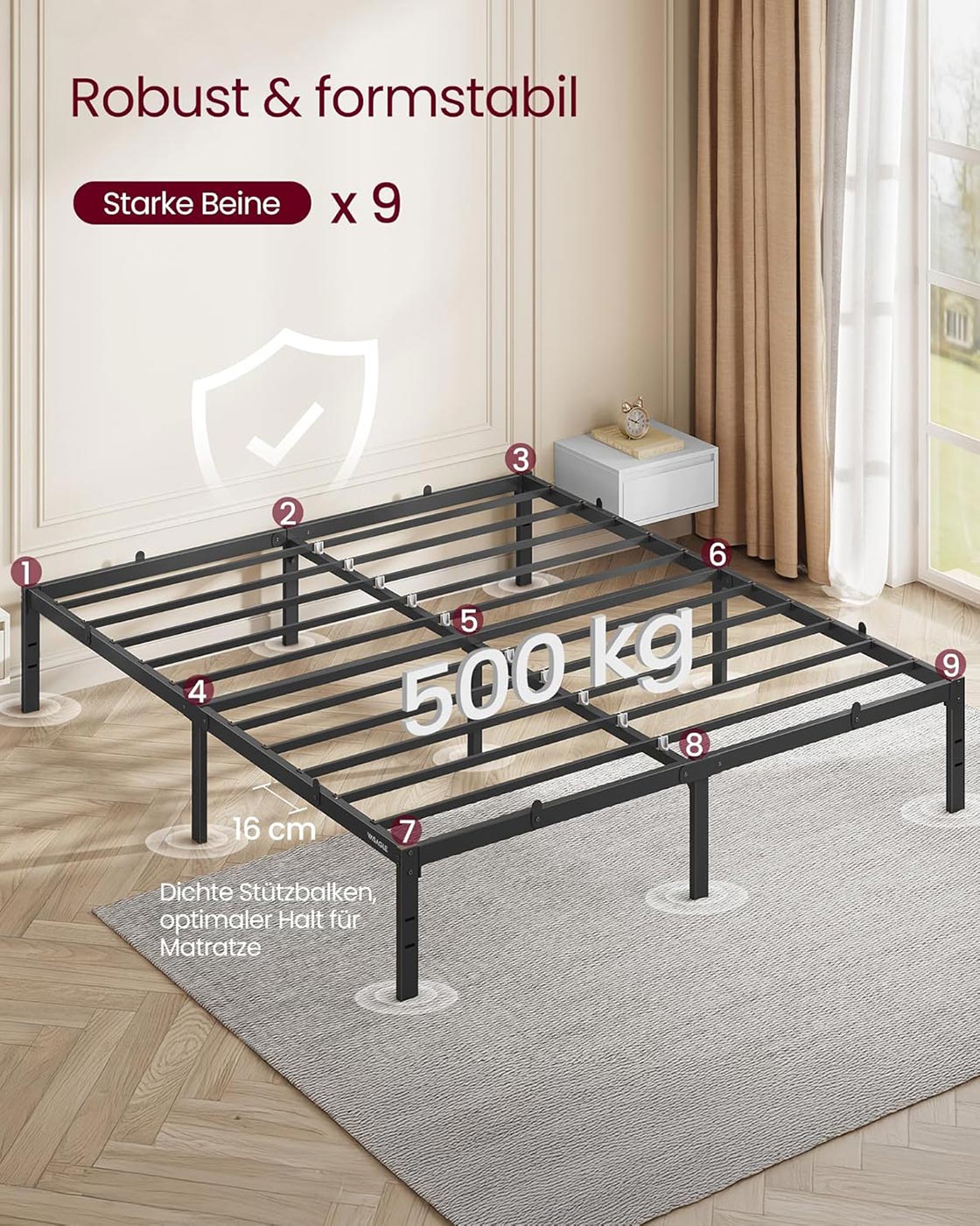 Metallbettgestell – 90/140/160 x 200 cm – Hohes Unterbett – Geräuscharm – Stabil und Robust