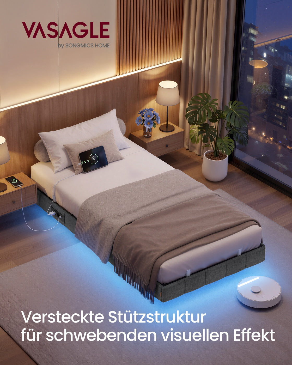 Schwebendes Bettgestell Mit LED-Beleuchtung - Mit Steckdose Und USB-C - Gepolsterter Rand