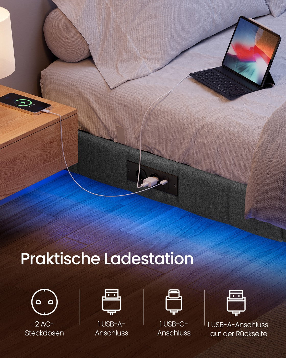 Schwebendes Bettgestell Mit LED-Beleuchtung - Mit Steckdose Und USB-C - Gepolsterter Rand
