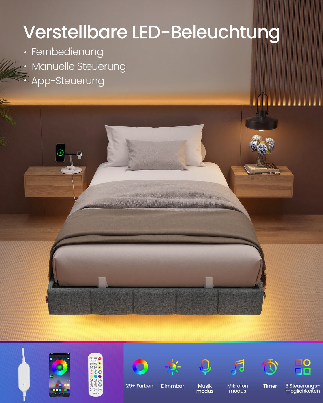 Schwebendes Bettgestell Mit LED-Beleuchtung - Mit Steckdose Und USB-C - Gepolsterter Rand