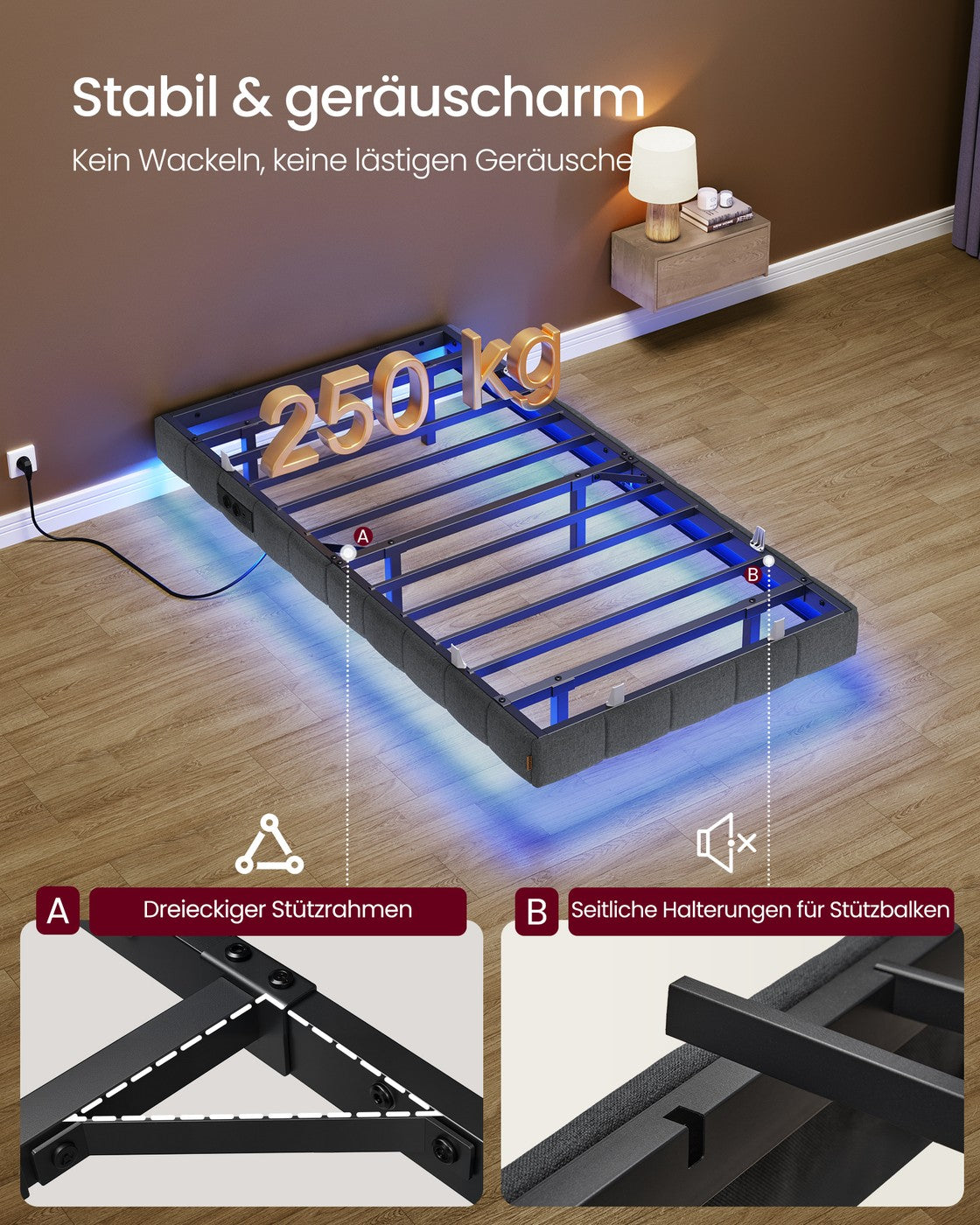 Schwebendes Bettgestell Mit LED-Beleuchtung - Mit Steckdose Und USB-C - Gepolsterter Rand