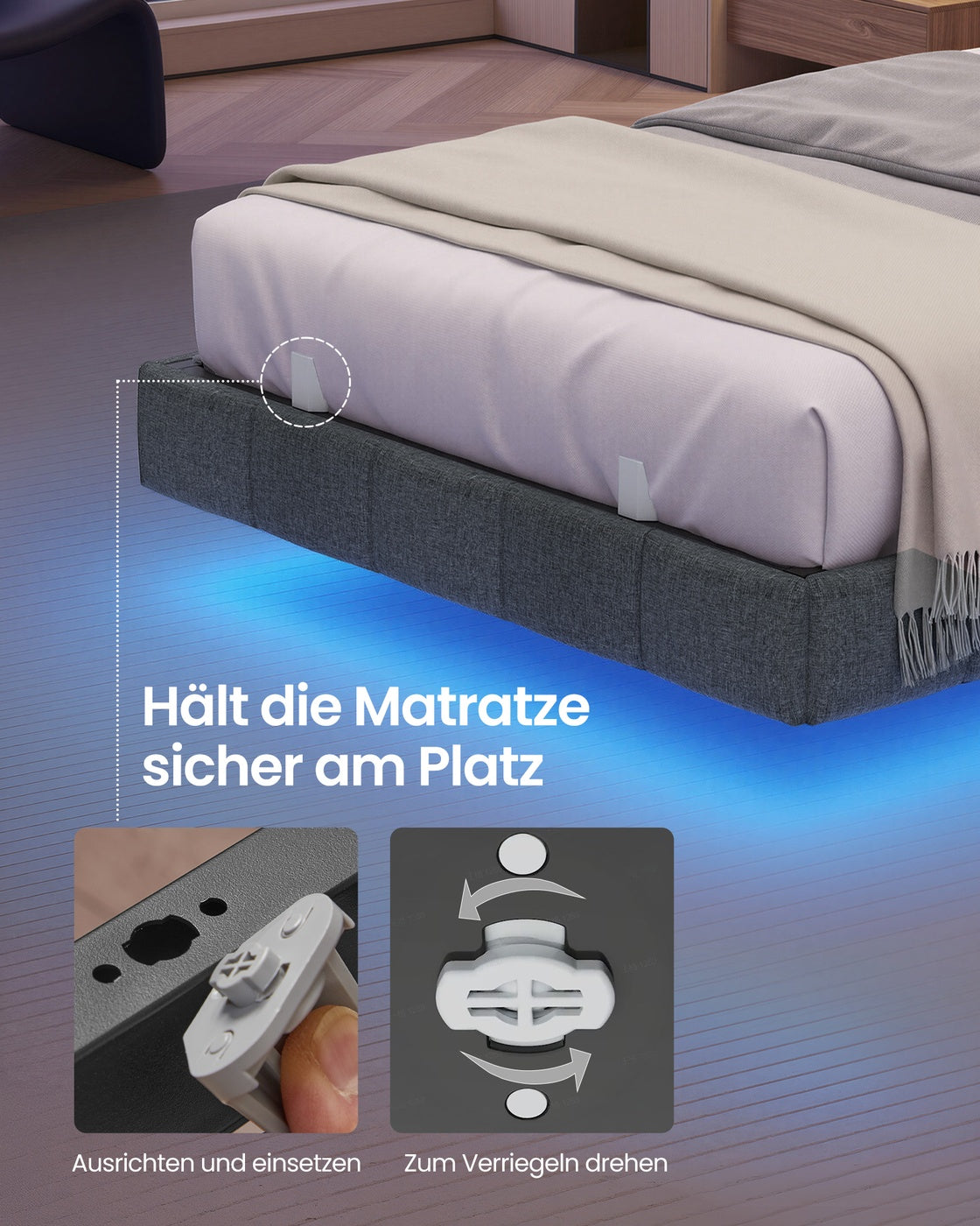 Schwebendes Bettgestell Mit LED-Beleuchtung - Mit Steckdose Und USB-C - Gepolsterter Rand