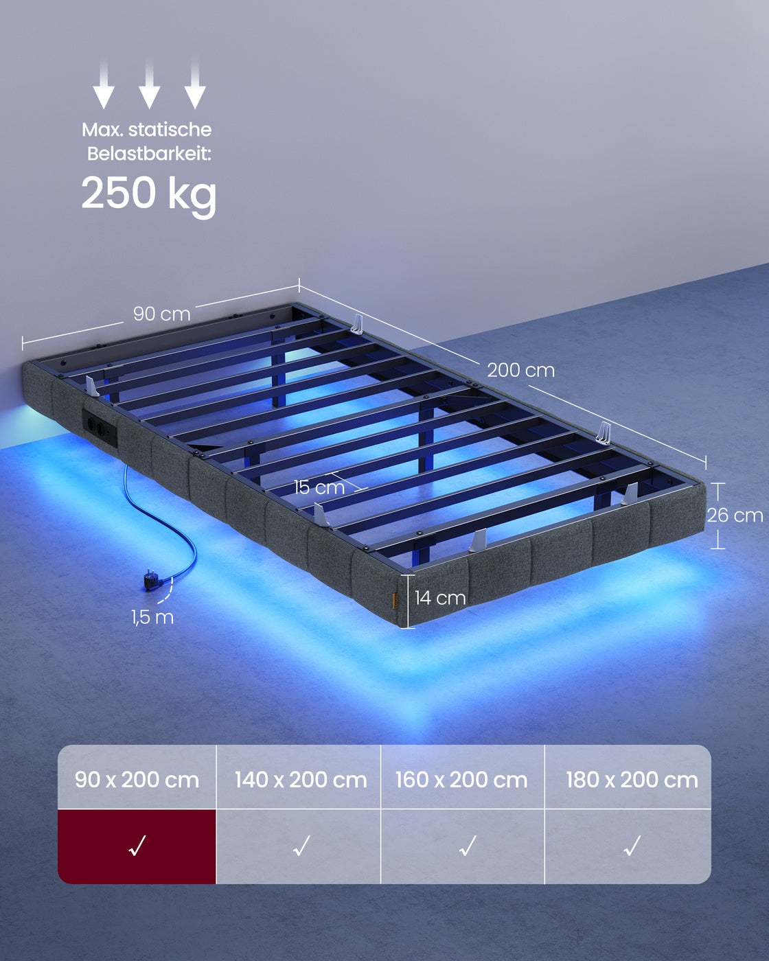 Schwebendes Bettgestell Mit LED-Beleuchtung - Mit Steckdose Und USB-C - Gepolsterter Rand