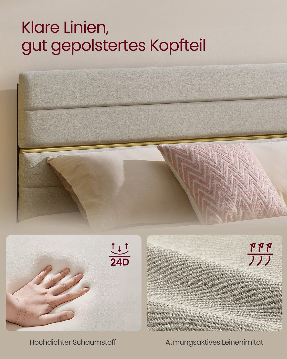 Gepolstertes Bettgestell – 160 x 200 cm – Verstellbares Kopfteil – Konstruktion aus Metall und Massivholz – Modernes Design