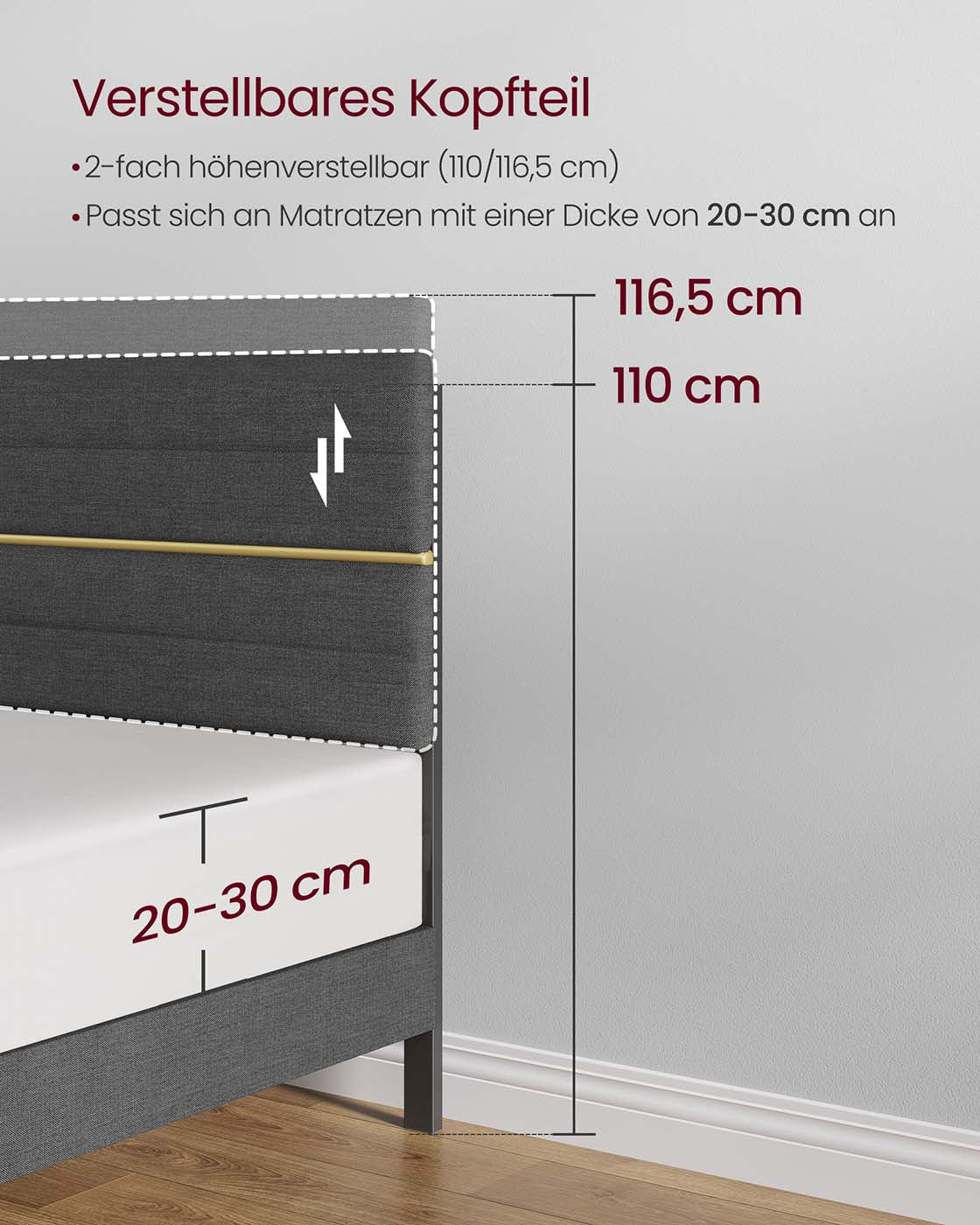 Gepolsterter Bettrahmen – Schiefergrau – Höhenverstellbares Kopfteil – Robuste Konstruktion