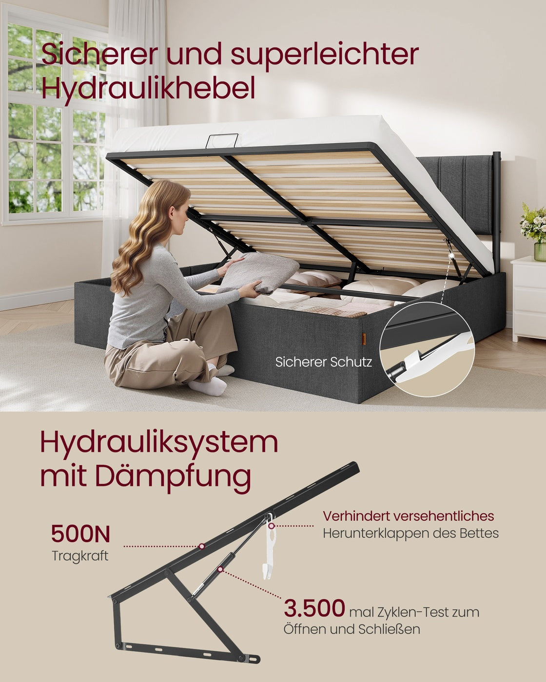 Doppelbett-Bettgestell Mit Bettkasten - Gepolstertes Kopfteil - Belastbar Bis 500 Kg