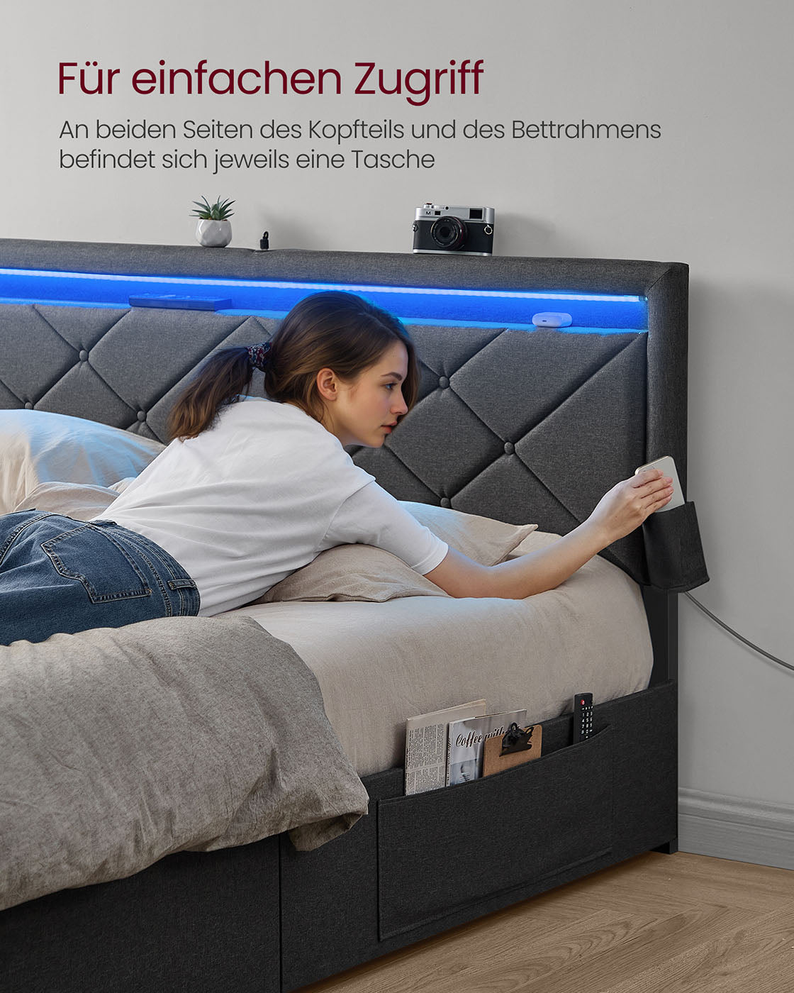 Multifunktionales Bettgestell mit LED-Beleuchtung und Stauraum - USB-Anschluss