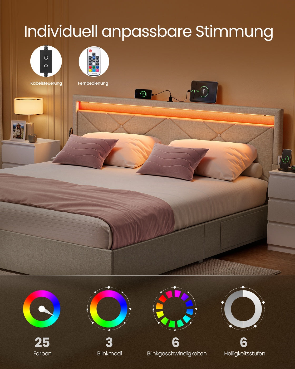 Luxuriöser LED-Boxspring mit USB-A- und USB-C-Anschluss – Schubladen mit Stauraum – Verstellbares Kopfteil – Cappuccino-Beige – Stabiles und funktionales Design