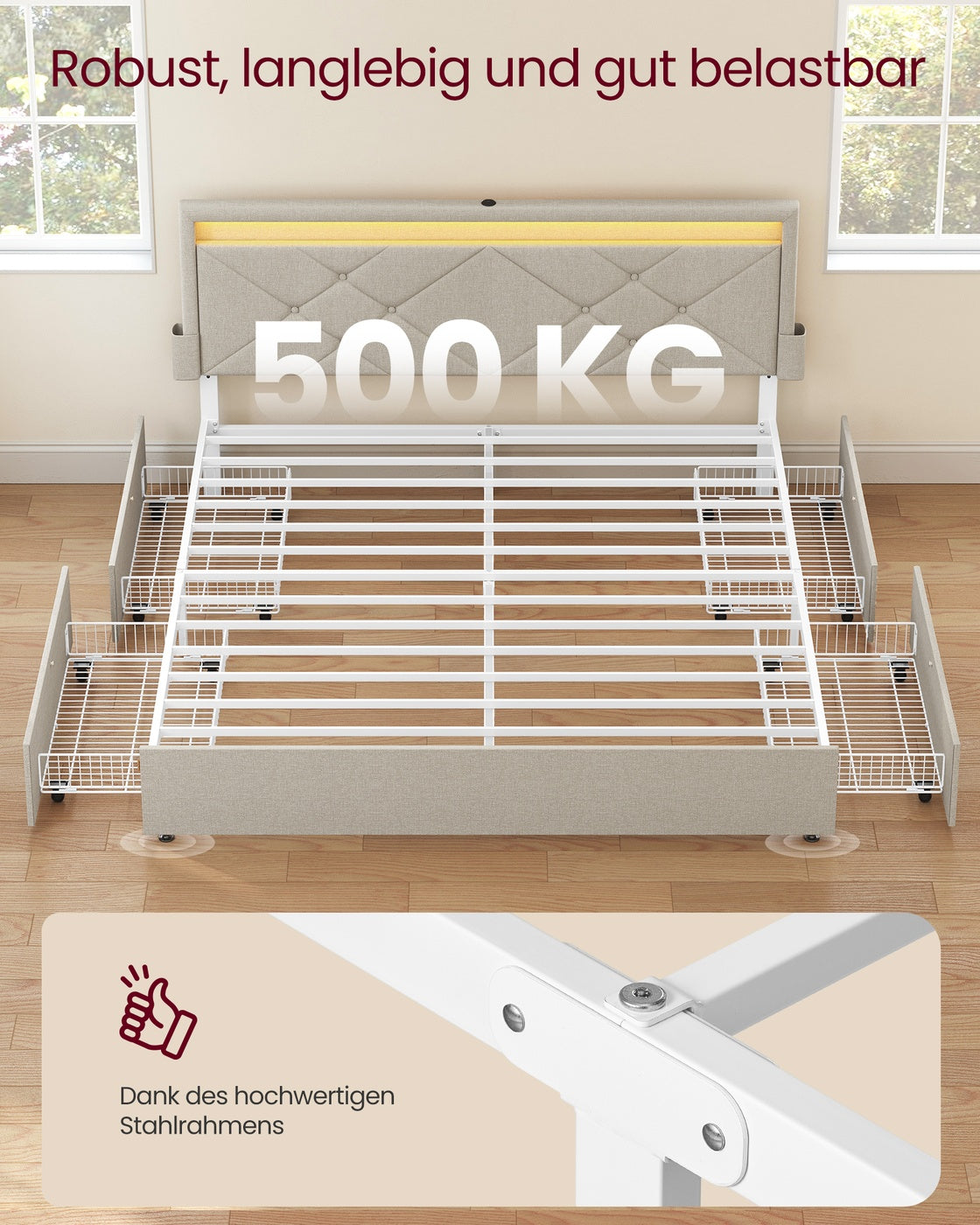 Luxuriöser LED-Boxspring mit USB-A- und USB-C-Anschluss – Schubladen mit Stauraum – Verstellbares Kopfteil – Cappuccino-Beige – Stabiles und funktionales Design