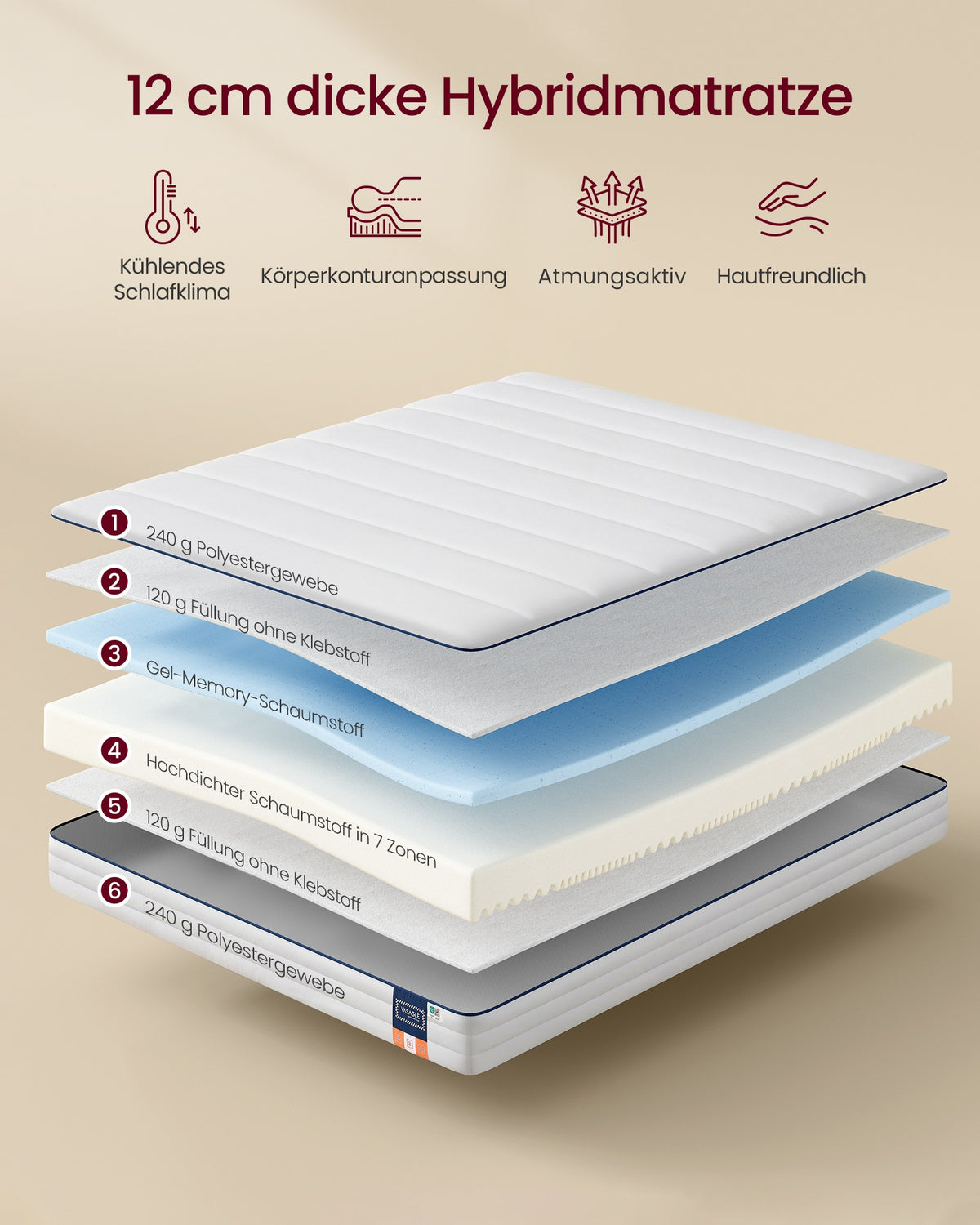 Matratze Gel-Memoryschaum 12 cm - 7-Zonen-Unterstützung - Mit Abnehmbarem Waschbarem Bezug