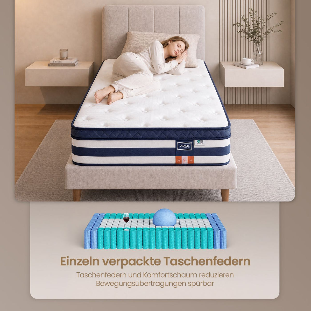 Taschenfederkernmatratze Mit Gel-Memoryschaum - 7 Zonen Mittelfest H3 - Mit Kühlender Deckschicht