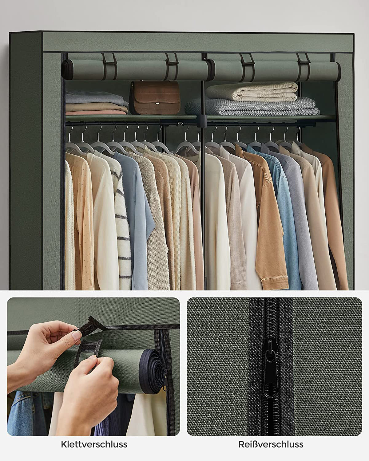 Geräumiger Stoffkleiderschrank mit Schutzhülle und Kleiderstangen