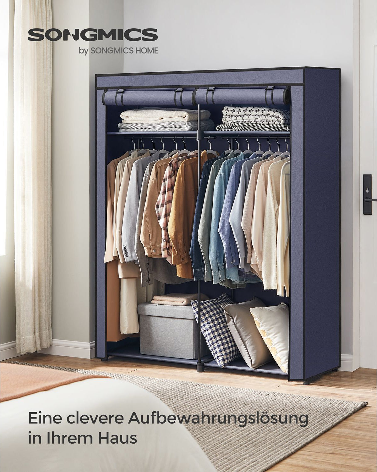 Geräumiger Stoffkleiderschrank mit Schutzhülle und Kleiderstangen