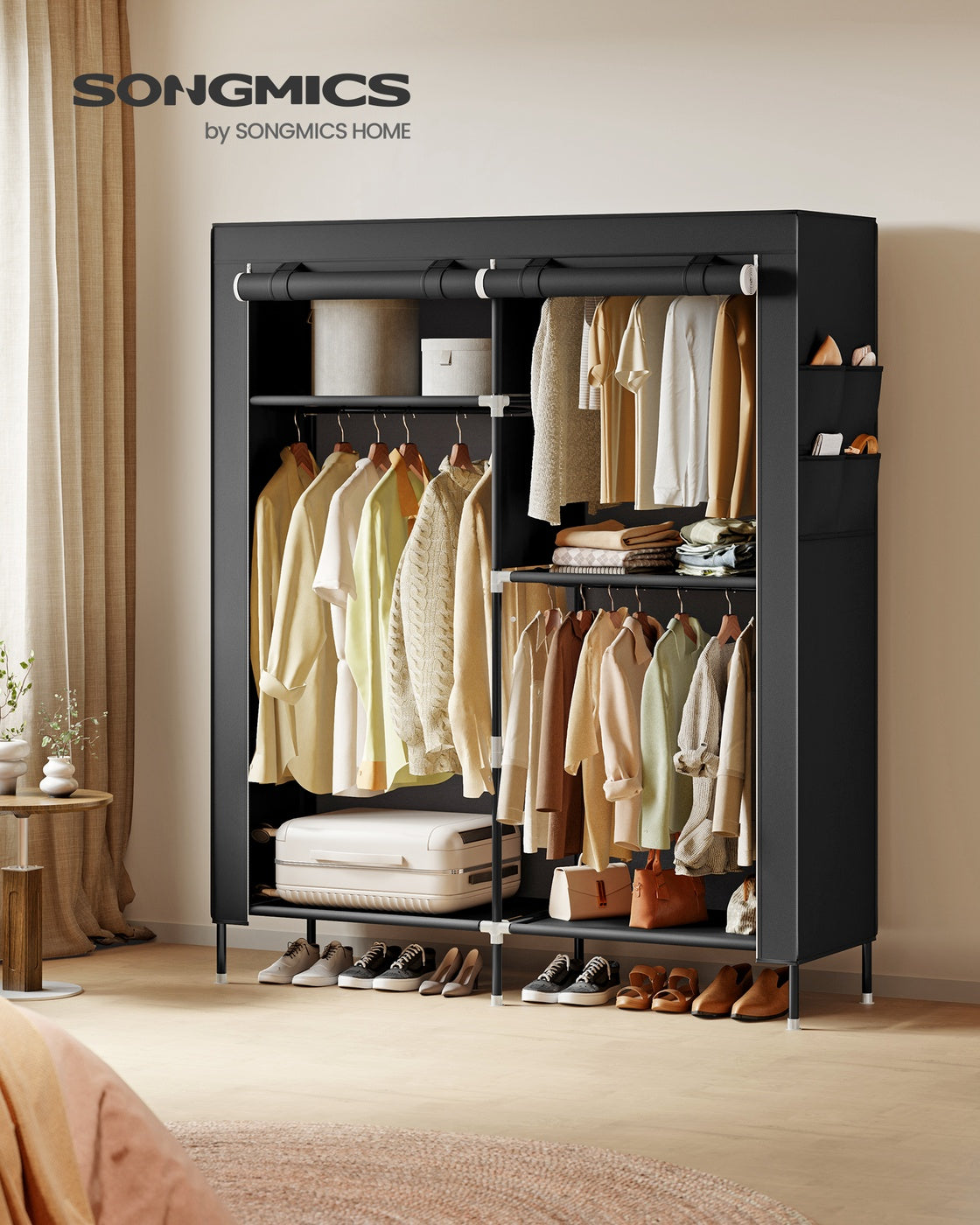Stoffkleiderschrank – Mit Kleiderstange und Staufächern – Platzsparend – Mit Abdeckung