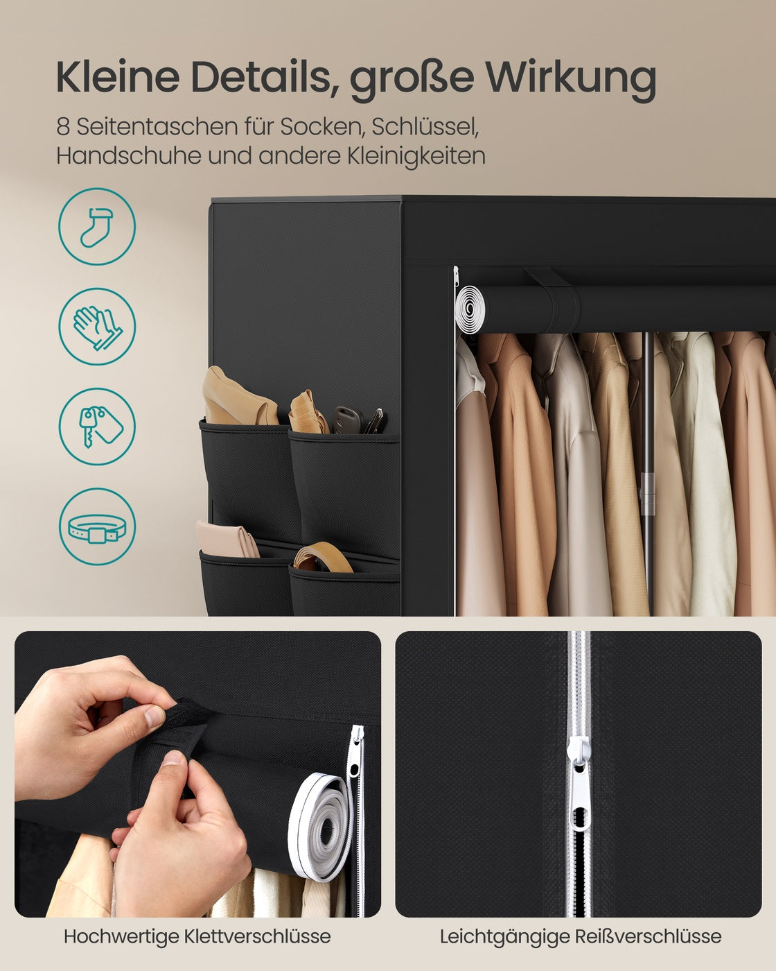 Stoffkleiderschrank – Mit Kleiderstange und Staufächern – Platzsparend – Mit Abdeckung