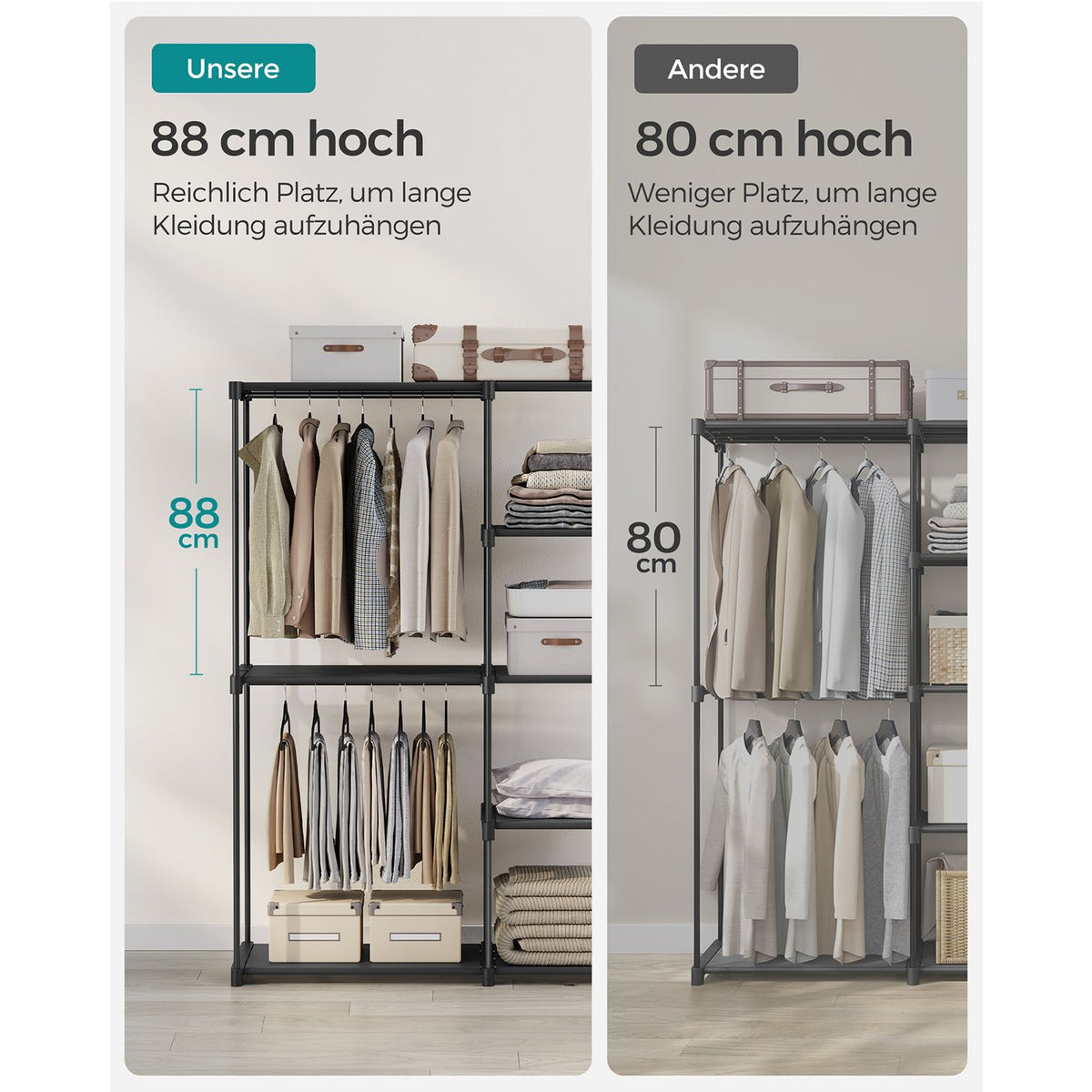 Praktischer Stoffkleiderschrank mit Kleiderstangen und Ablageflächen
