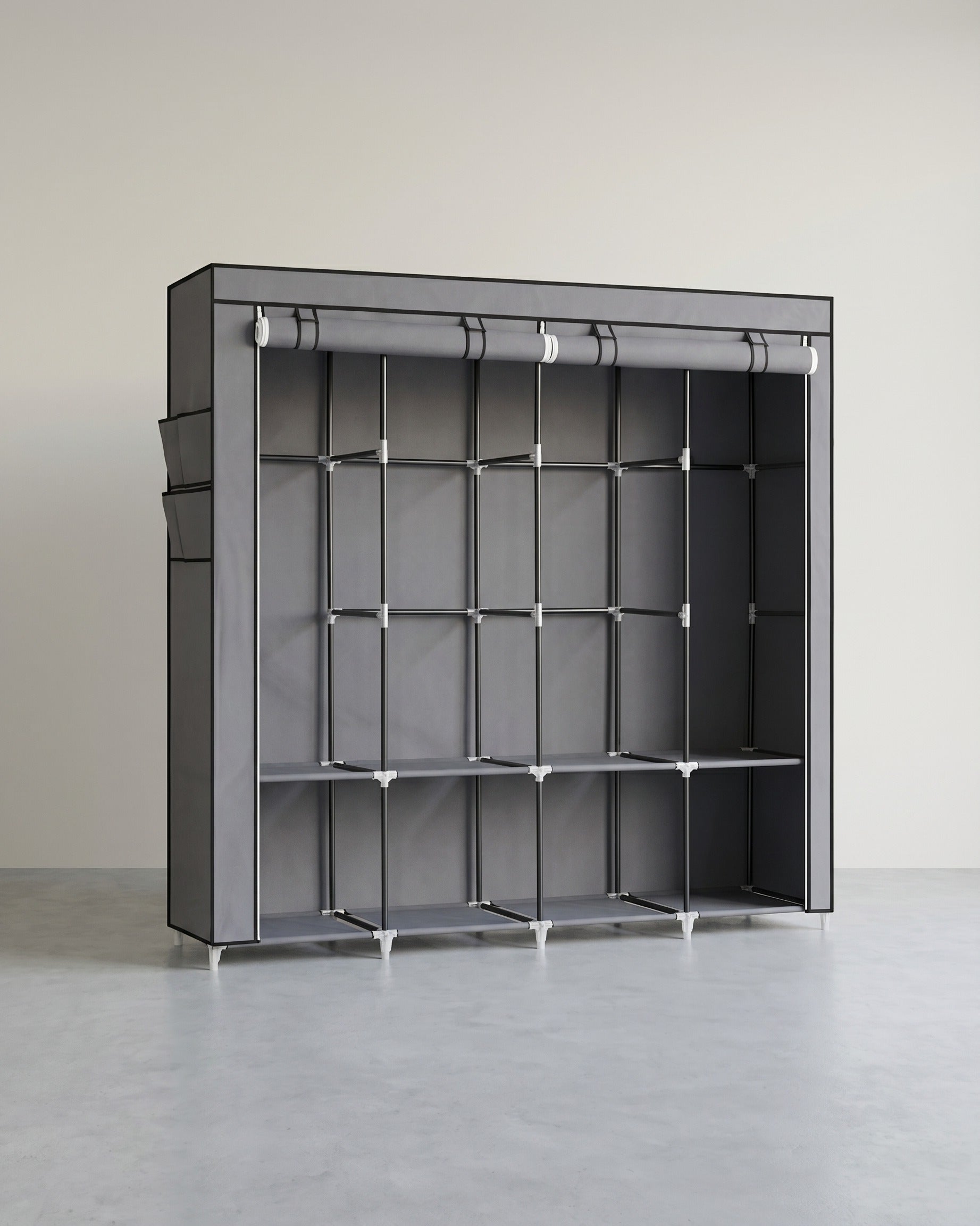 Stoffgarderobe mit Hängefächern und Regalen – Geräumige und praktische Aufbewahrungslösung – Grau