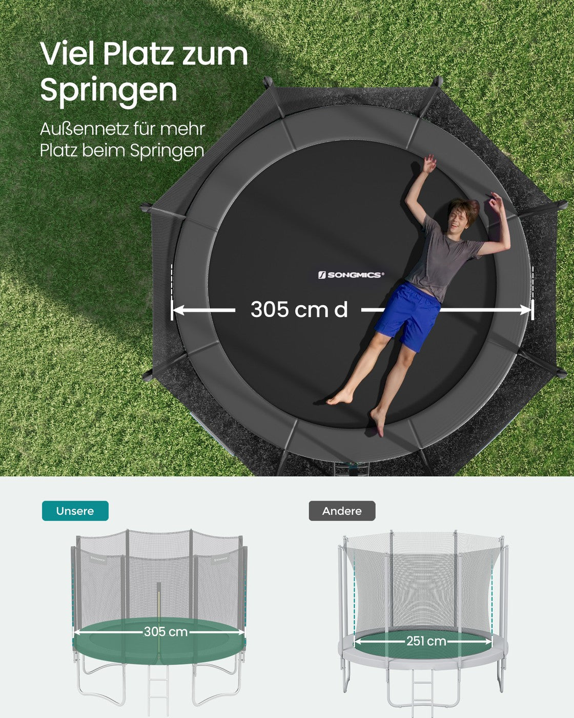 Trampolin Mit Sicherheitsnetz - 305 cm Durchmesser - Belastbar Bis 150 Kg