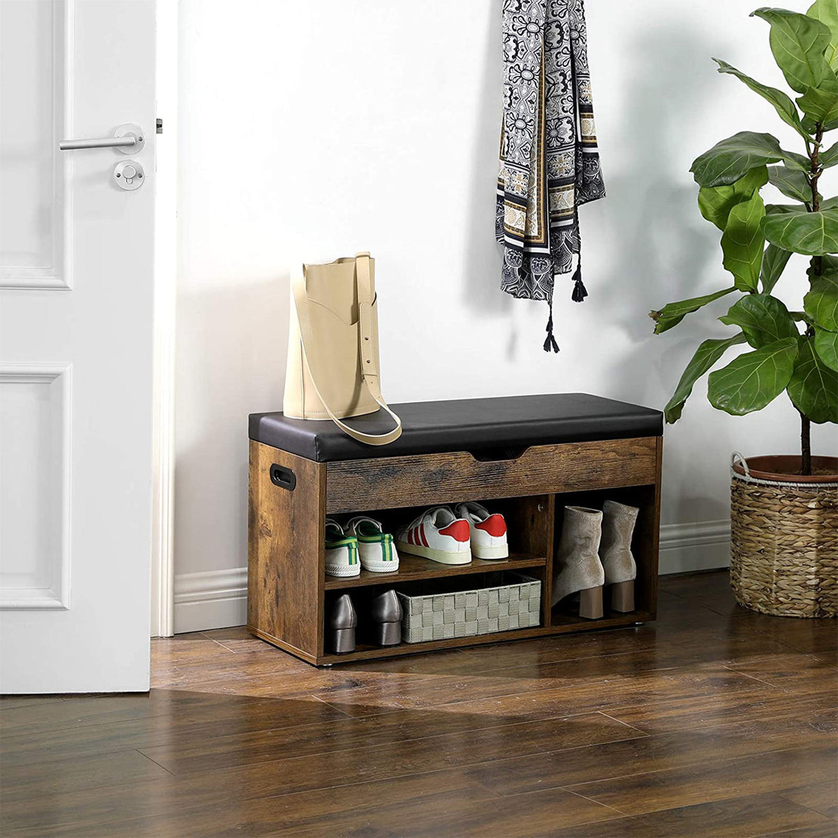 Schuhbank mit Stauraum – Schuhregal mit Kissen – Aufbewahrungsbank für den Flur – 80 x 30 x 44 cm