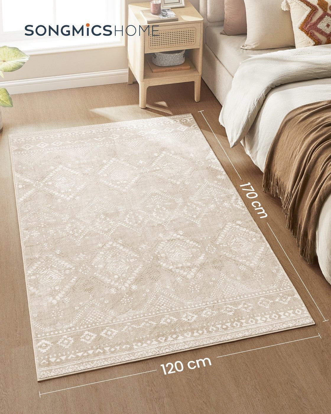 Boho Teppich 120x170 cm – Waschbar & Rutschfest – Weicher Flauschiger Teppich für Wohnzimmer und Schlafzimmer