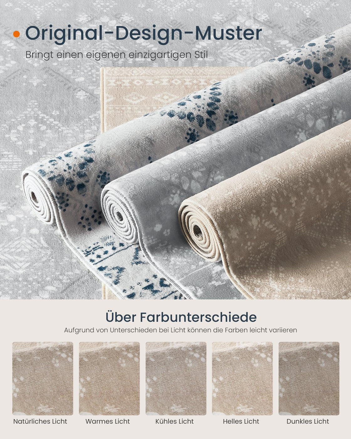 Boho Teppich 120x170 cm – Waschbar & Rutschfest – Weicher Flauschiger Teppich für Wohnzimmer und Schlafzimmer