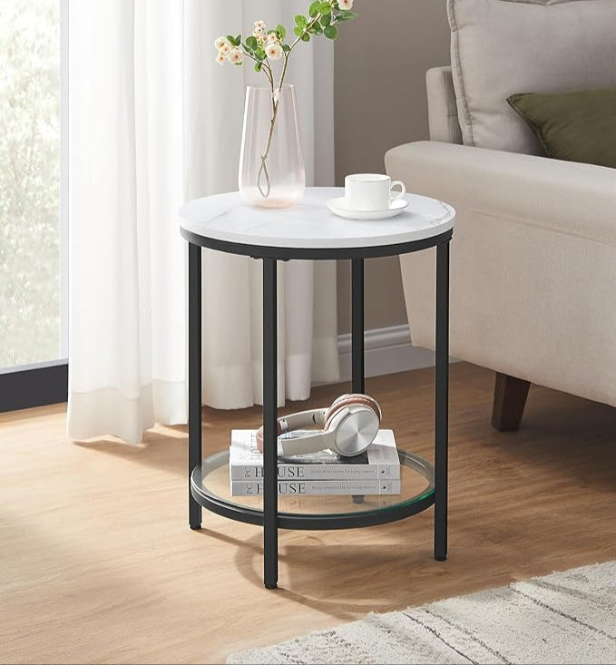 Bijzettafel Marmerlook - Nachtkastje met 2 niveaus - Gehard glas - Woonkamer - Slaapkamer - De Vries Meubels