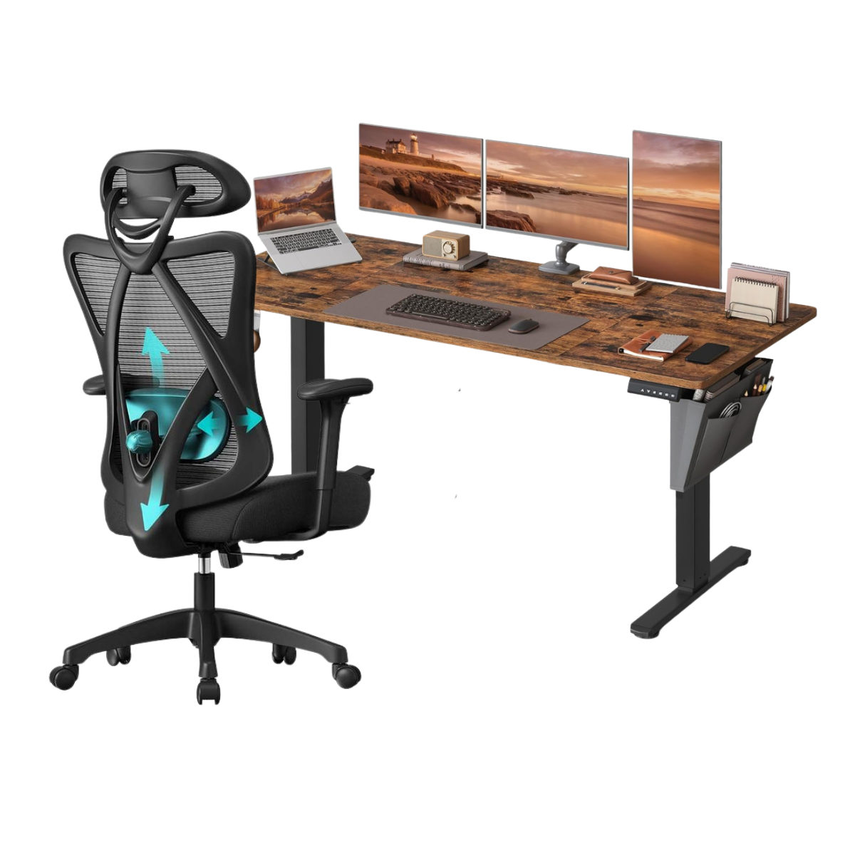 Combi+ Elektrisch höhenverstellbarer Schreibtisch + ergonomischer Bürostuhl – Komplettes Arbeitsplatz-Set – 120 x 60 bis 180 x 80 cm – USB-C-Schnellladegerät