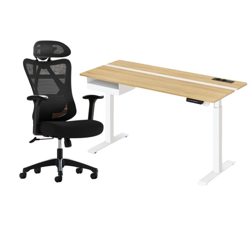 Complete Werkplek - Elektrische Sta Bureau + Ergonomische Bureaustoel - met Geheugenfunctie - Stopcontact - Verstelbaar