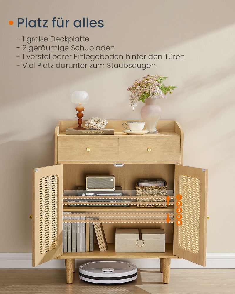 Dressoir - Stijlvolle Opbergkast met Rotan & Massief Houten Poten - De Vries Meubels