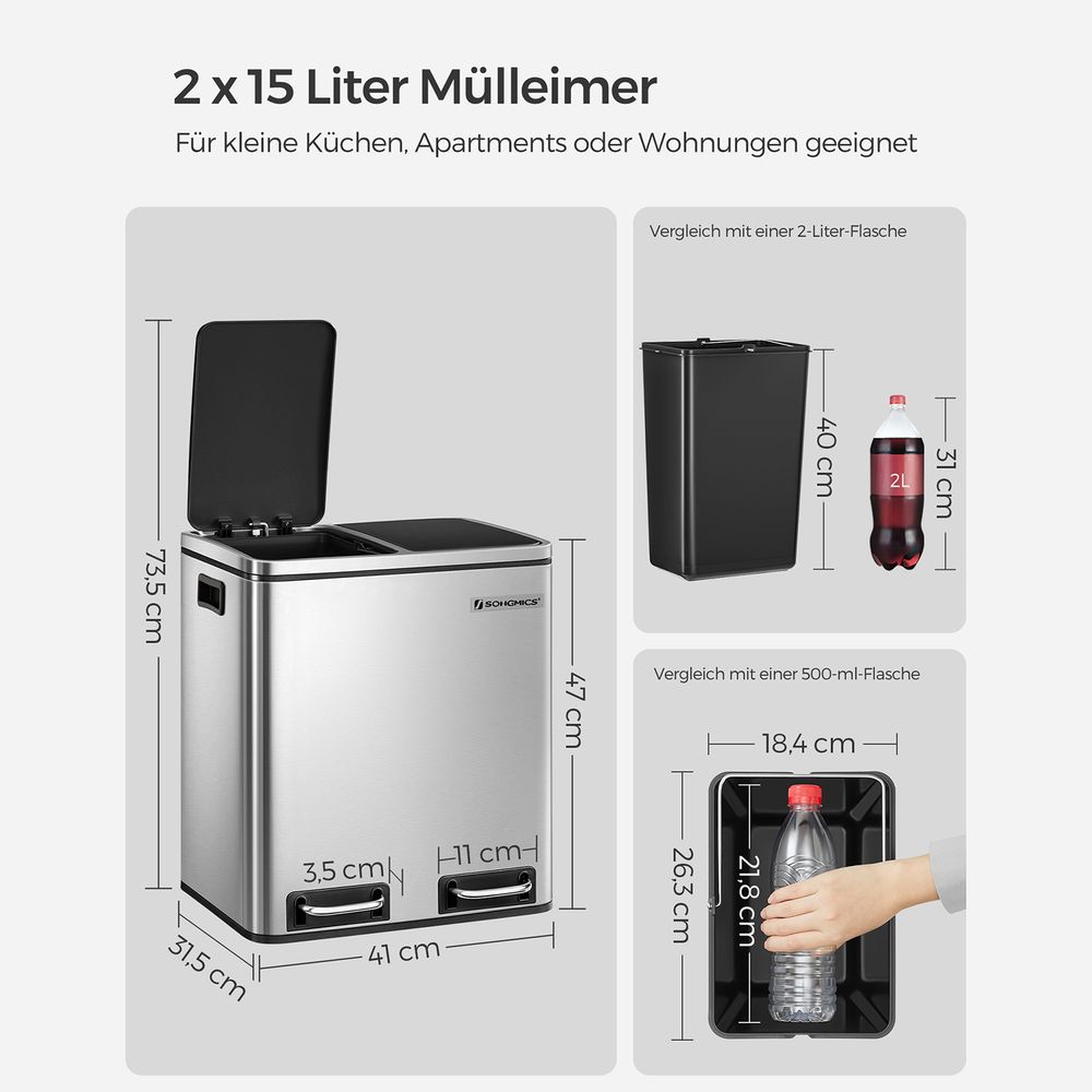 Dubbele Pedaalemmer met Voetpedalen - Prullenbak 30L - De Vries Meubels