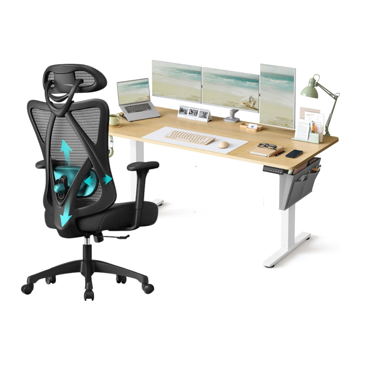 Combi+ Elektrisch höhenverstellbarer Schreibtisch + ergonomischer Bürostuhl – Komplettes Arbeitsplatz-Set – 120 x 60 bis 180 x 80 cm – USB-C-Schnellladegerät