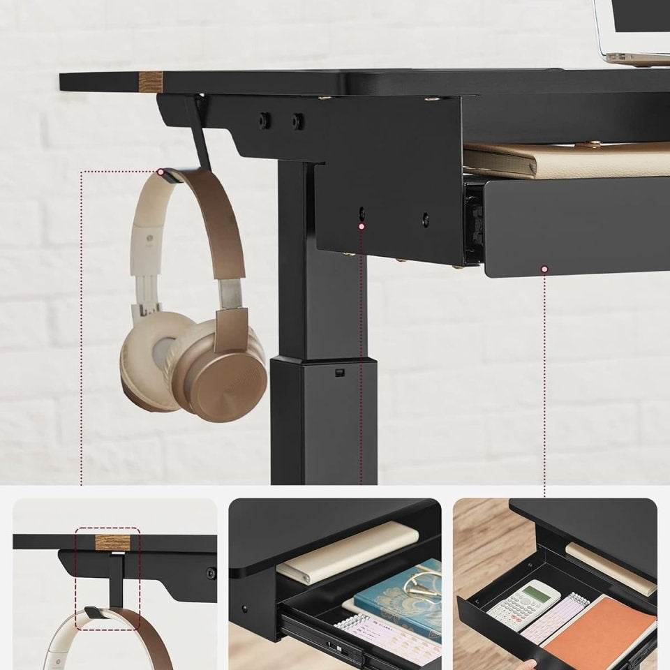 Elektrische Sta Bureau met Geheugenfunctie - Stopcontact - met Lade en Haken - Zit Sta Bureau - De Vries Meubels