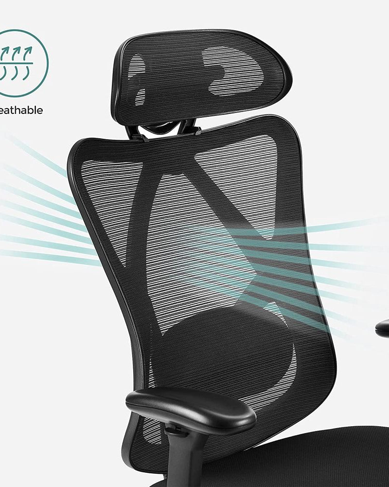 Ergonomischer Bürostuhl – Verstellbare Rücken- und Armlehne – Verstellbare Kopfstütze – 150 kg Tragkraft