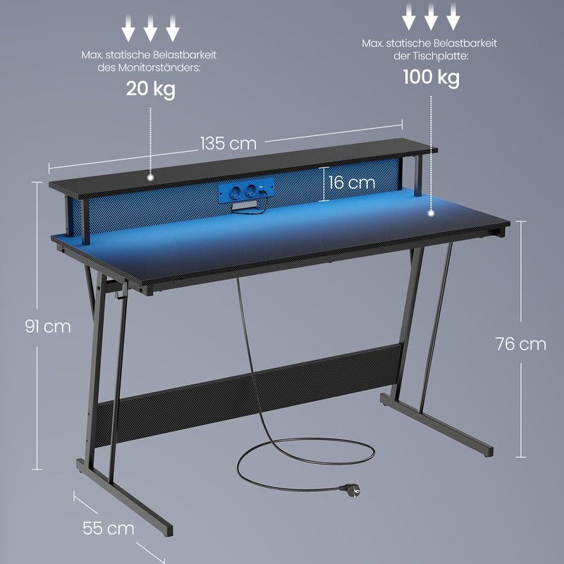 Gamebureau met LED - Gaming Tafel met Stopcontact en USB - aansluiting - De Vries Meubels