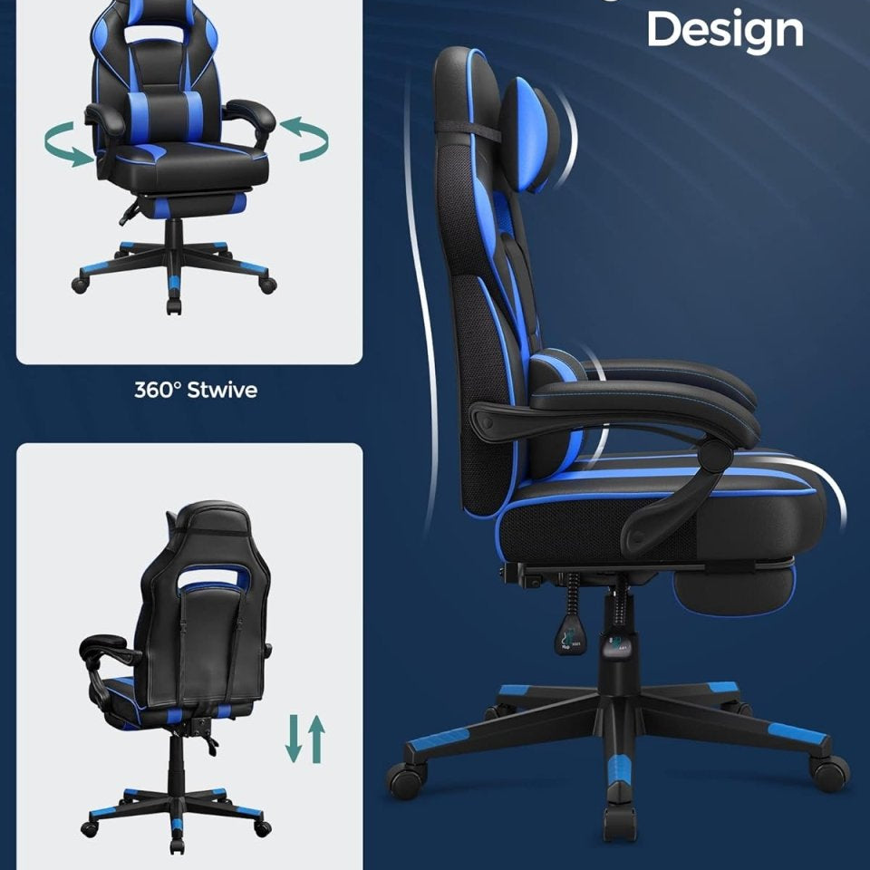 Gamestoel - Ergonomische Gamingstoel - Verstelbaar Bureaustoel - Hoofdkussen en Voetensteun - De Vries Meubels