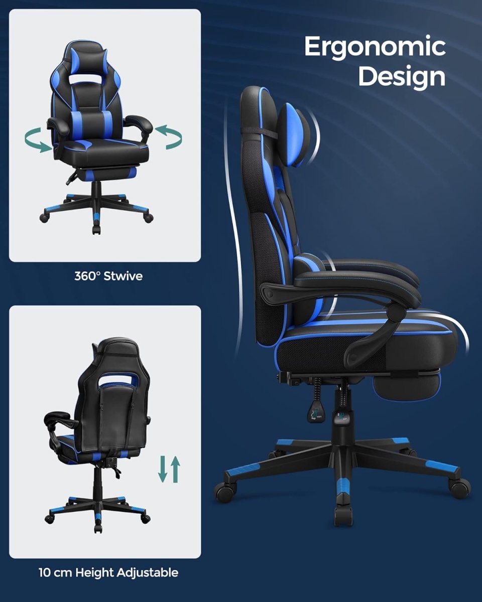 Gamestoel - Ergonomische Gamingstoel - Verstelbaar Bureaustoel - Hoofdkussen en Voetensteun - De Vries Meubels