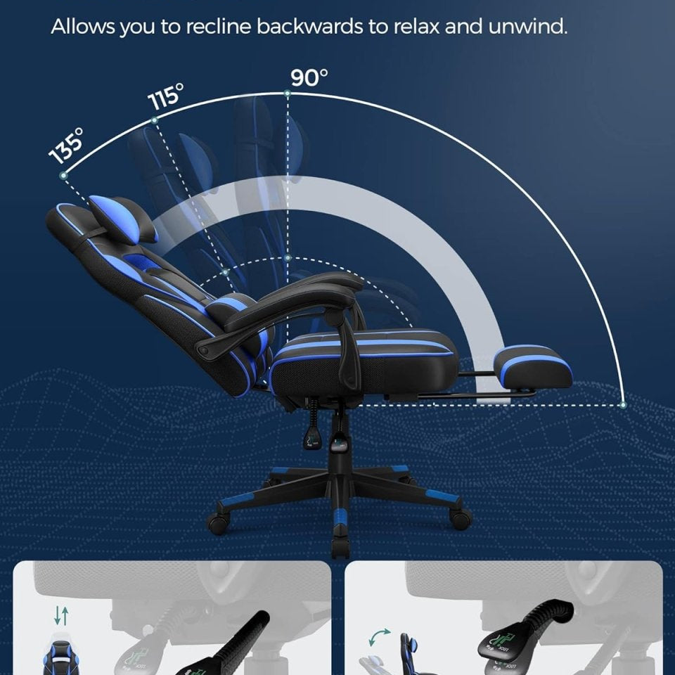 Gamestoel - Ergonomische Gamingstoel - Verstelbaar Bureaustoel - Hoofdkussen en Voetensteun - De Vries Meubels