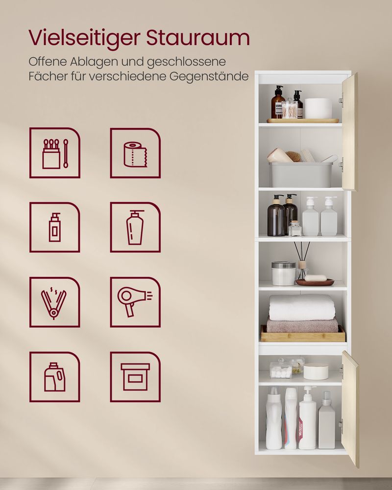 Hangende Badkamerkast – Wit & Natuurlijk Beige – 30 x 40 x 160 cm - De Vries Meubels